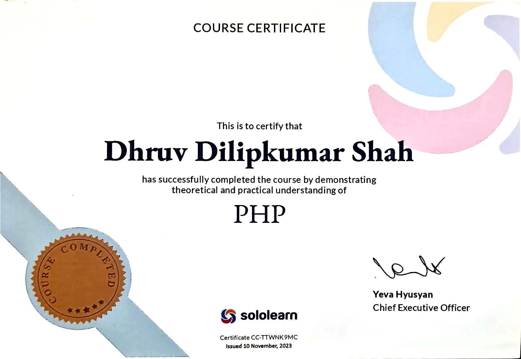 Dhruv Shah - PHP Certificate